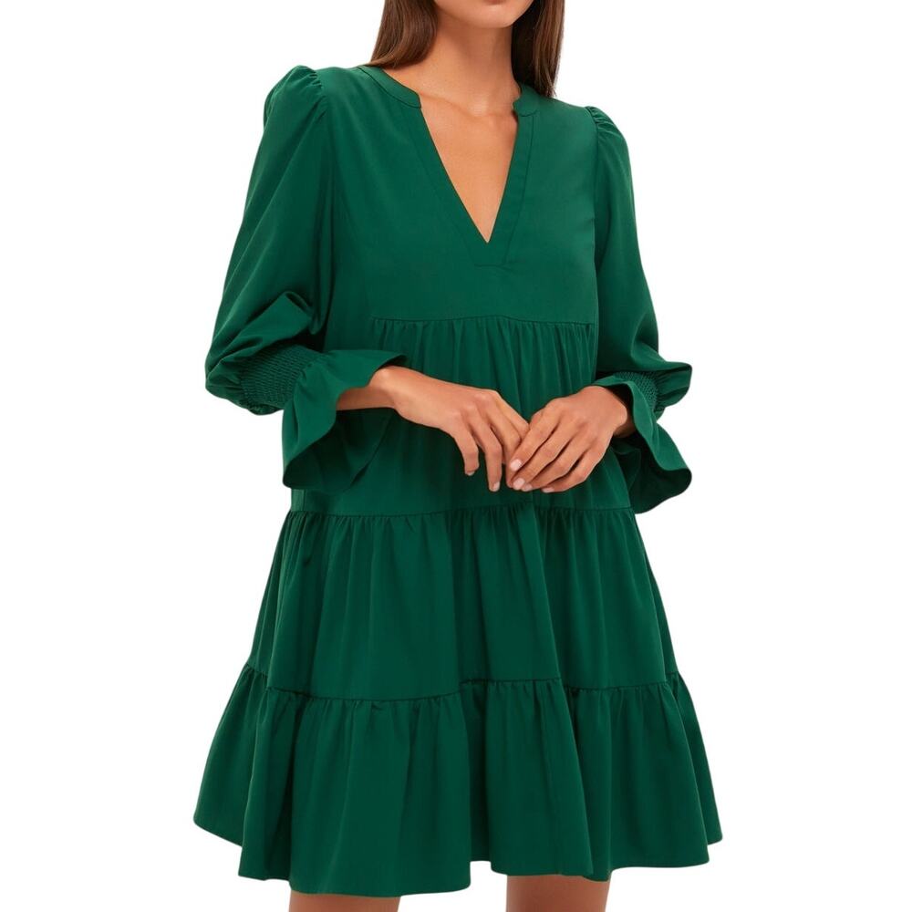 Pomander Place (M) Hunter Green Crepe Kenzo Dress Long Sleeve Mini Flowy Tiered